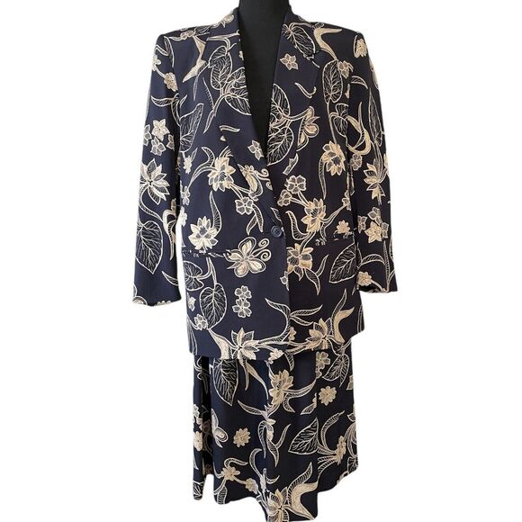 Alfred Dunner 2pc Skirt Suit Blue Floral Lined Blazer & Skirt Women’s Petite 6/8 - Picture 1 of 10